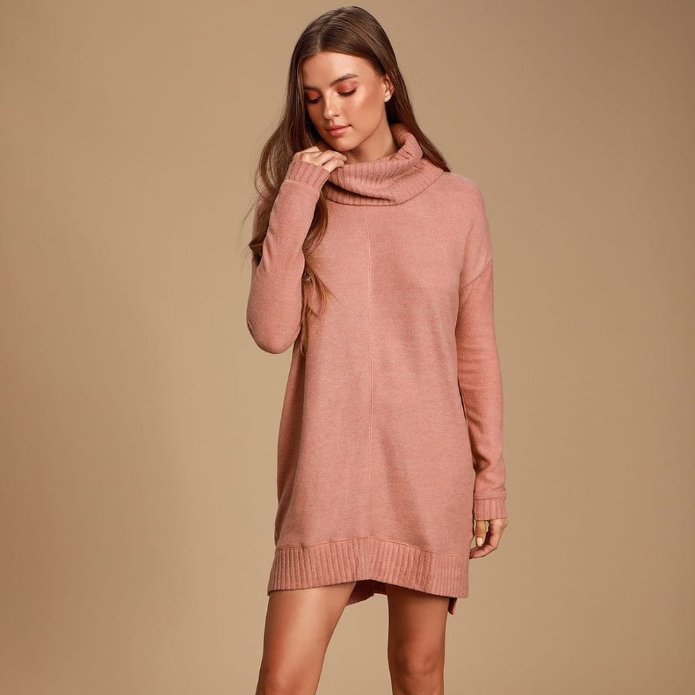 Autumn Daze Mauve Pink Cowl Neck Long Sleeve Sweater Dress